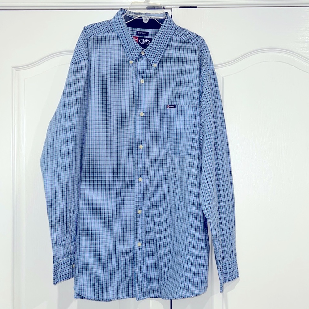 CHAPS Plaid Blue & White Easy Care Long Sleeve Button Down Shirt